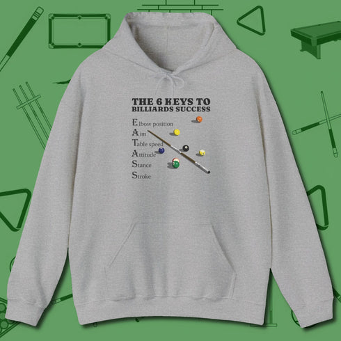 6 Keys to Billiards Success (E.A.T.A.S.S.) Hoodie, front view, in Sport Grey poolroom style with tournament attitude